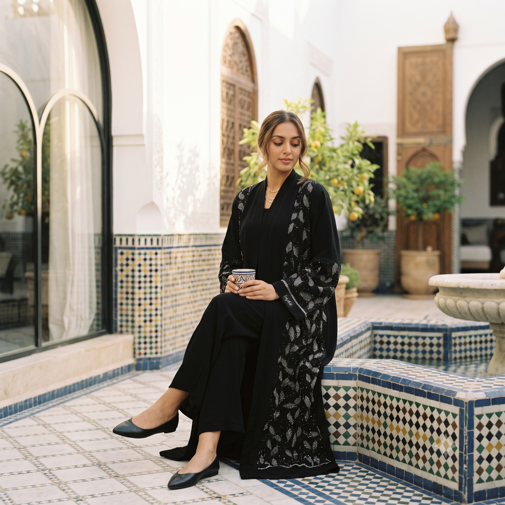 Elegant Black Embroidered Sequin Abaya