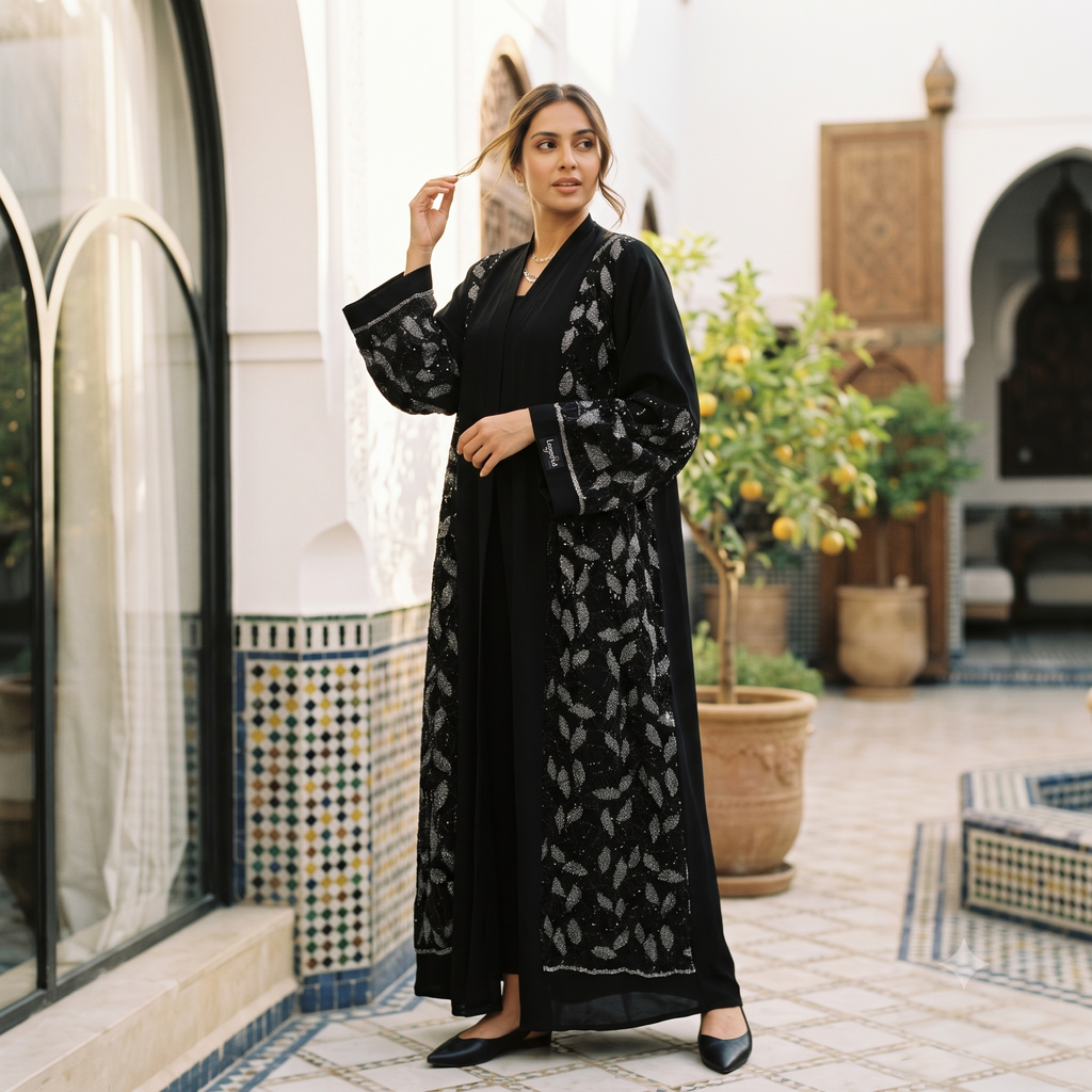 Elegant Black Embroidered Sequin Abaya