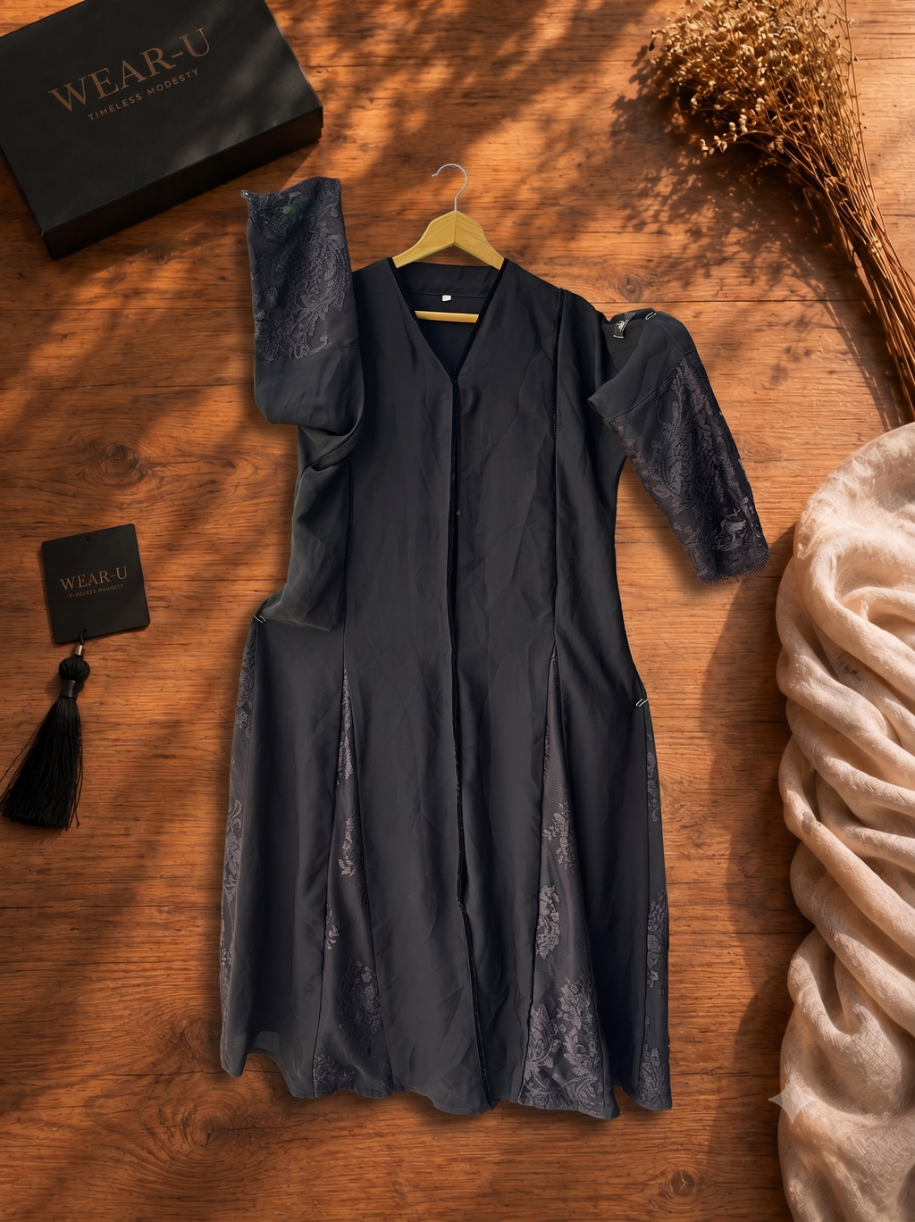 Premium Black A-Line Open-Front Abaya with Floral Lace