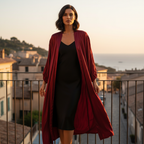 Women's Dark Red Long Sleeve Open Front Maxi Robe