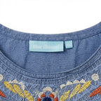 Women's Blue Embroidered Linen-Blend Short Sleeve Top