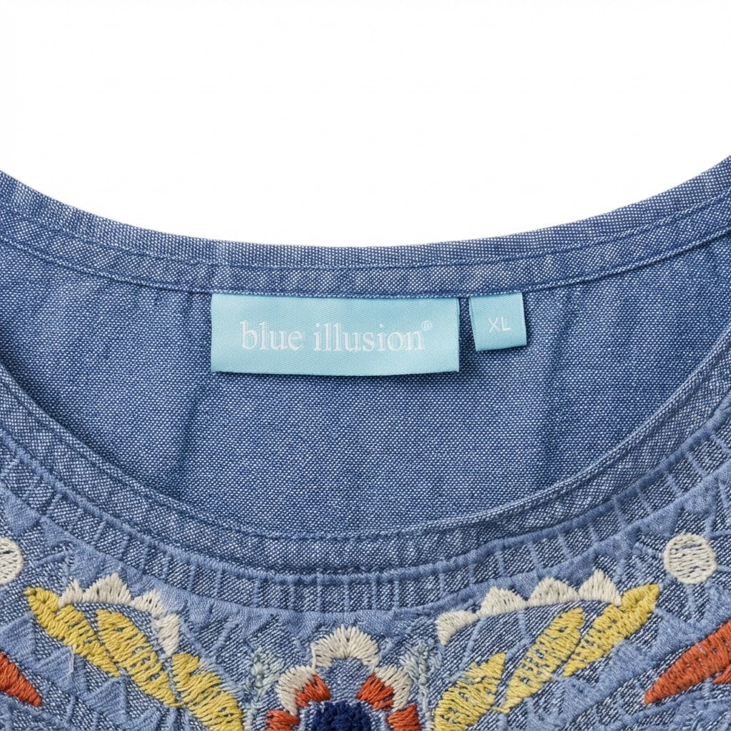 Women's Blue Embroidered Linen-Blend Short Sleeve Top