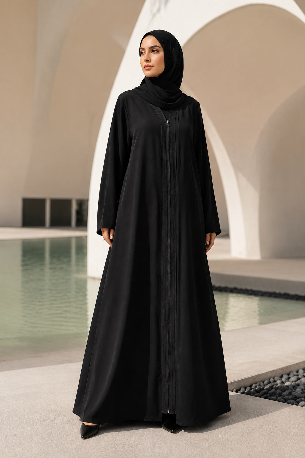 Premium Women's Front-Zip A-Line Abaya in Black