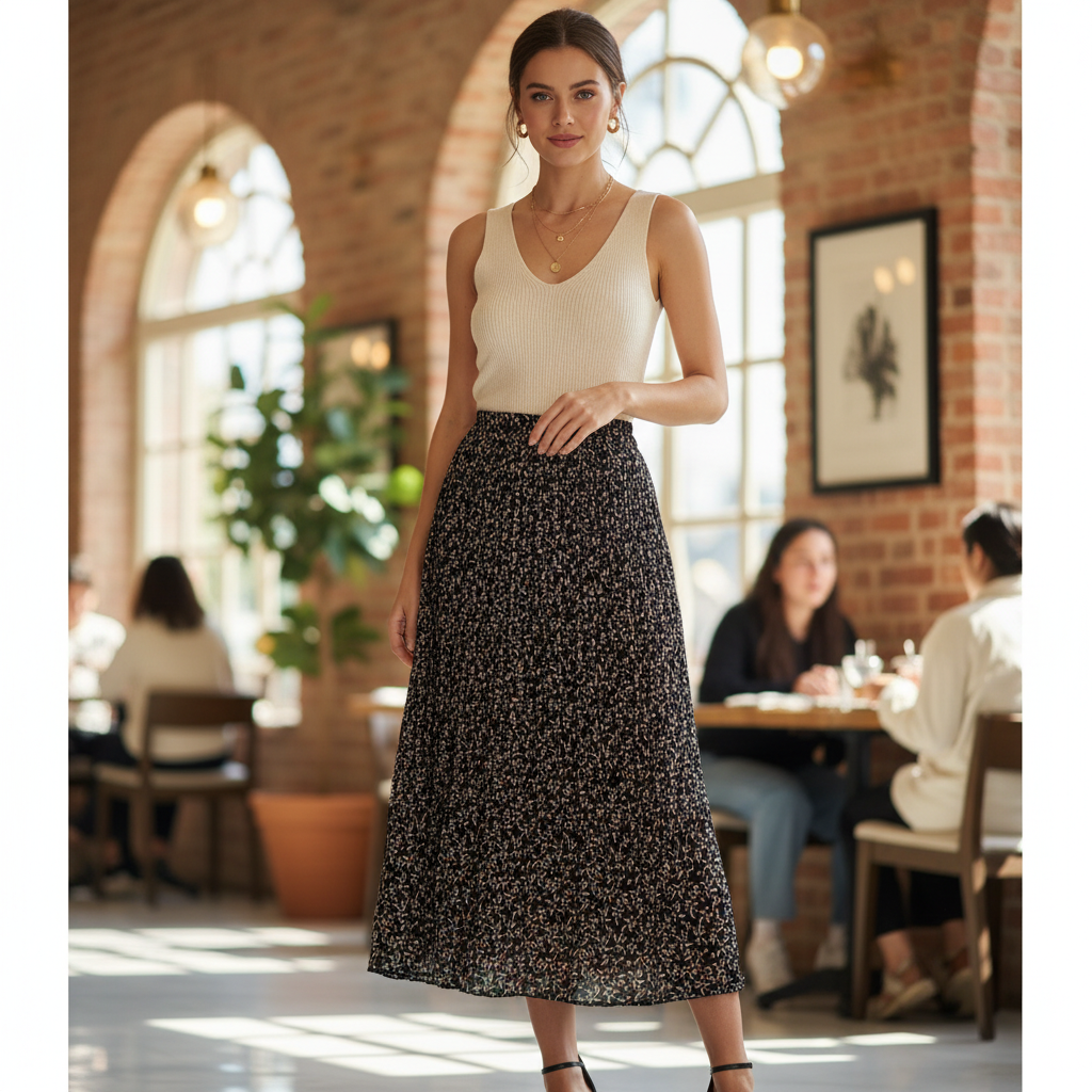 Women's Black Floral Pleated Midi Skirt