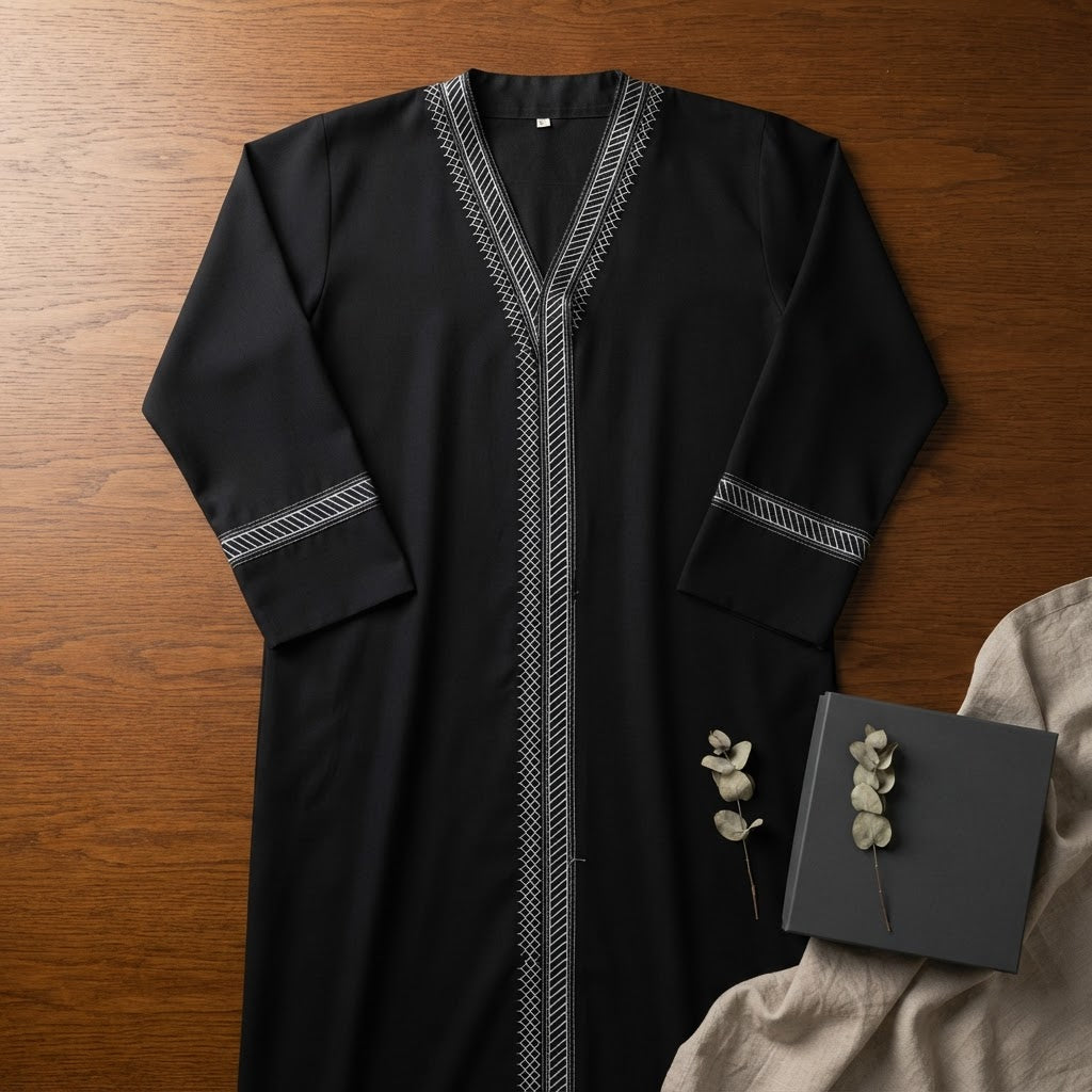 represent Black Traditional Thobe with White Geometric Woven