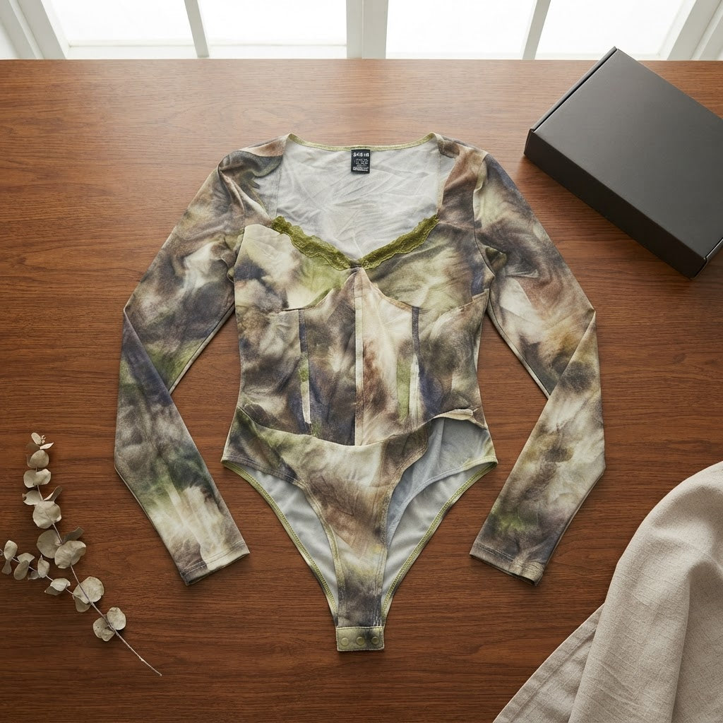 SHEIN SHEIN Abstract Print Long-Sleeve Top with Olive Lace T