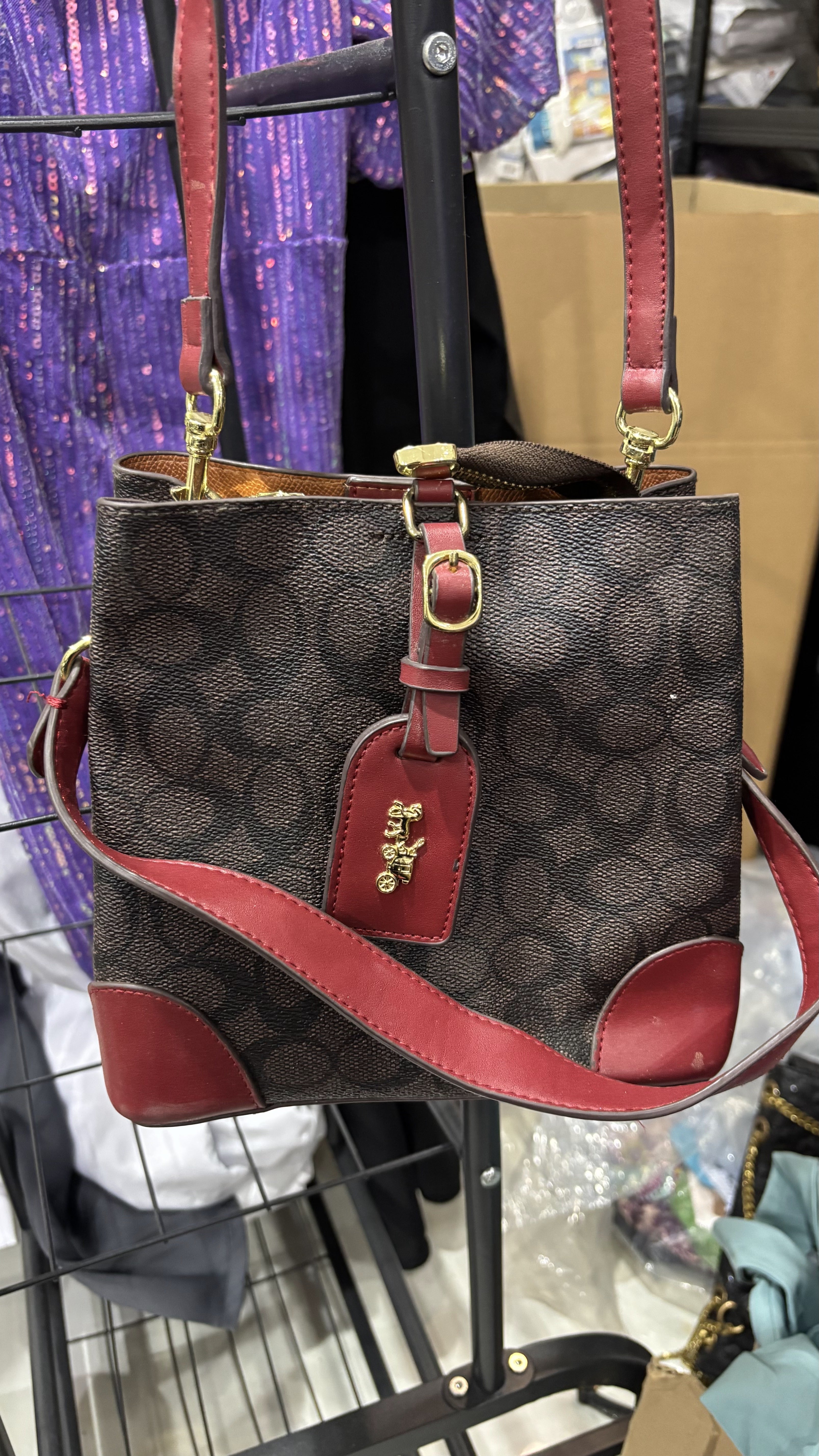 COACH LEATHERWARE Monogram Bucket Crossbody Bag with Red Tri