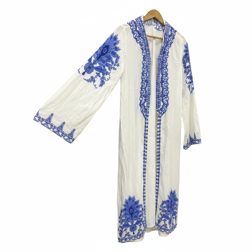 SHEIN Women's White and Blue Patterned Maxi Kimono Robe