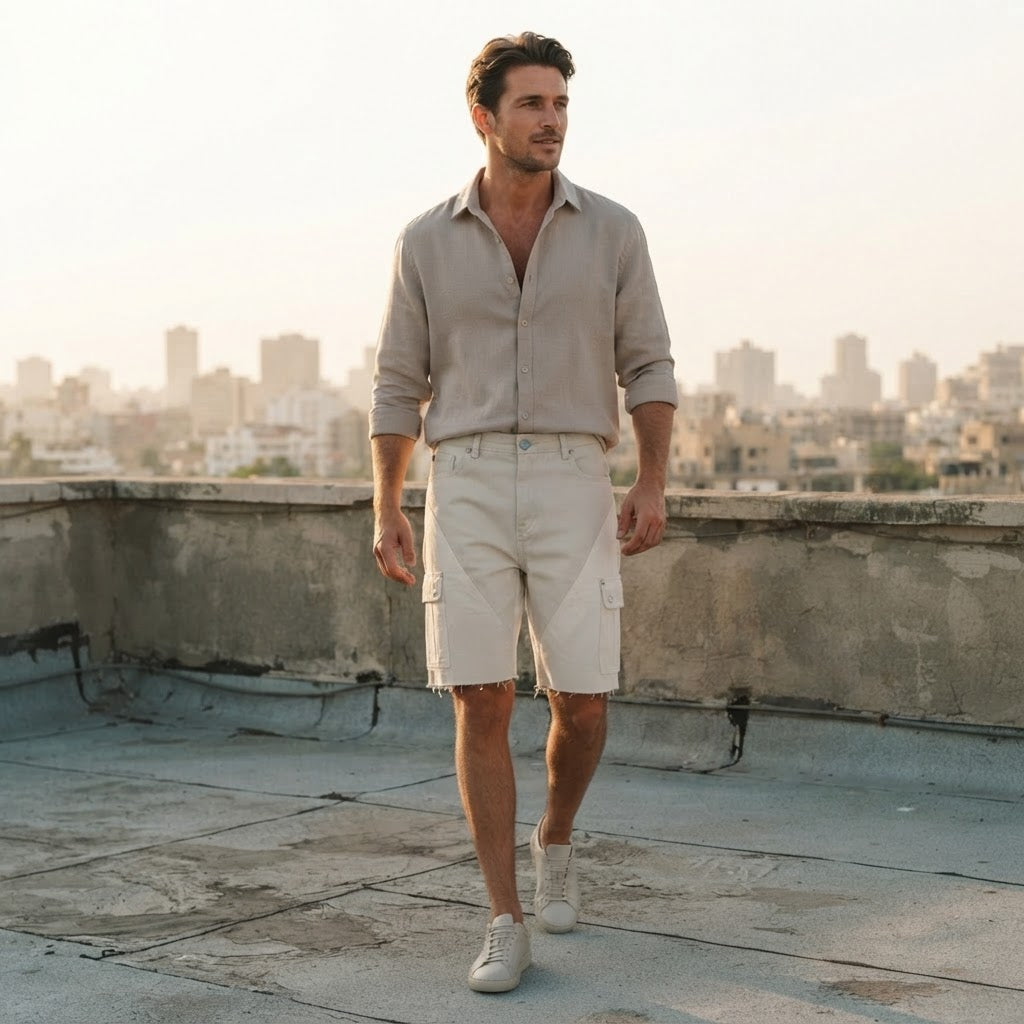 [WearU Generated:campaign_1] BoohooMAN Ecru Cotton Denim Wide-Leg Cargo Shorts – side view