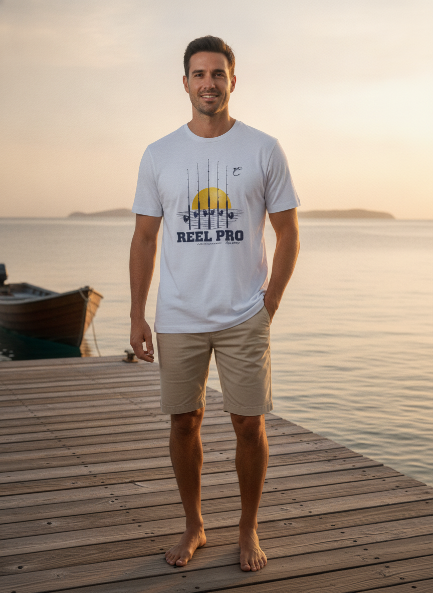 Reel Pro White Graphic Fishing T-Shirt with Reel Pro Back Pr