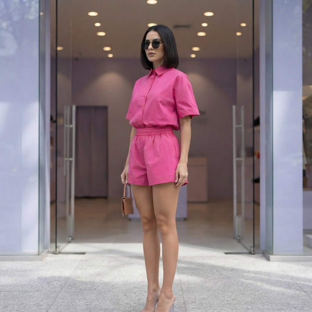 SHEIN Hot Pink Relaxed Shirt and Shorts Co-ord Set