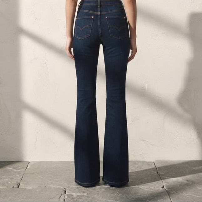Bershka Dark Indigo Double-Button High-Rise Slim Flare Jeans