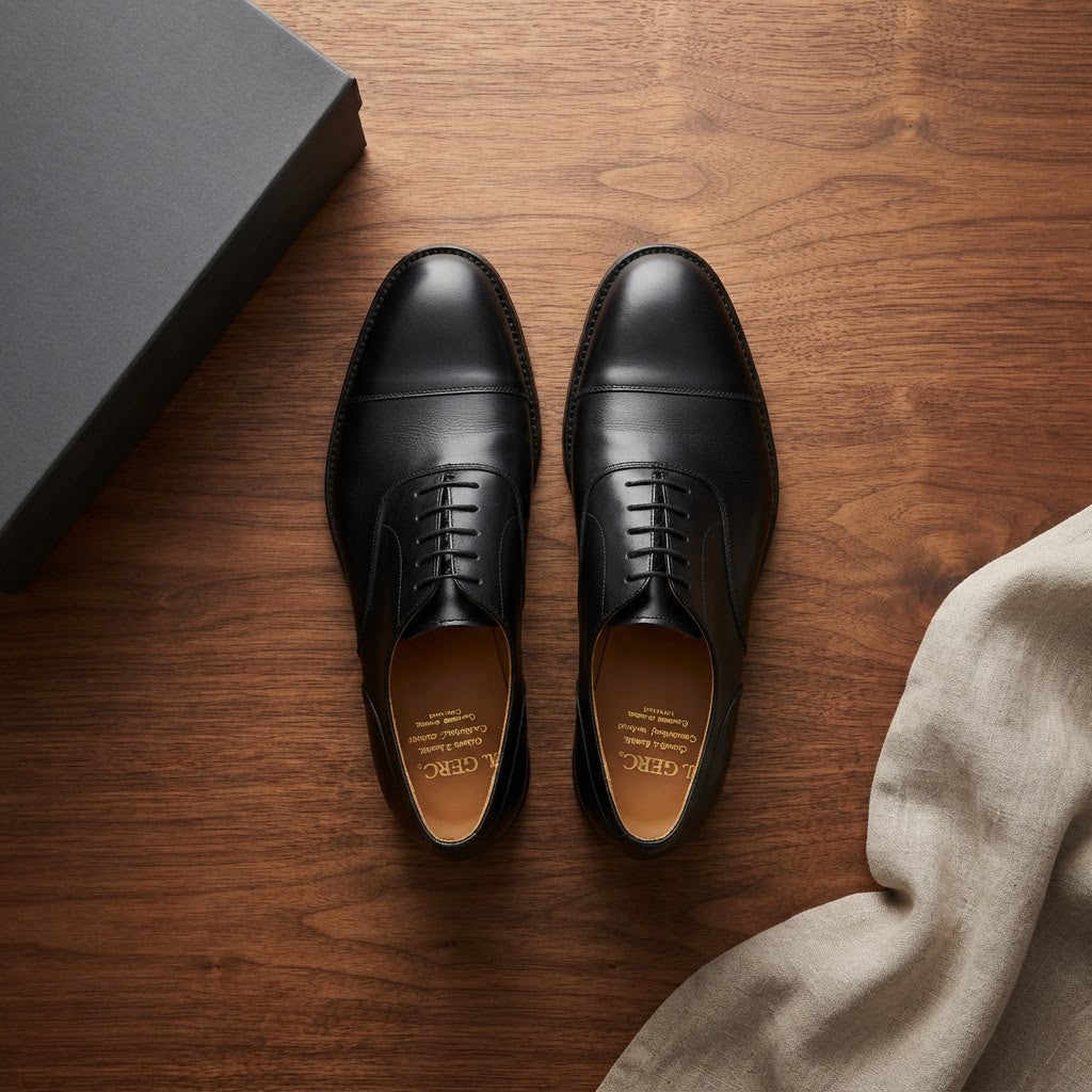 Men's Black Leather Cap-Toe Oxford Dress Shoes