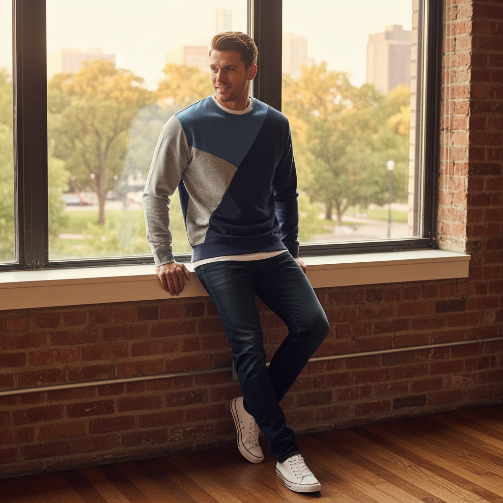 CRIVIT Men's Color-Block Crewneck Sweatshirt - Navy/Grey
