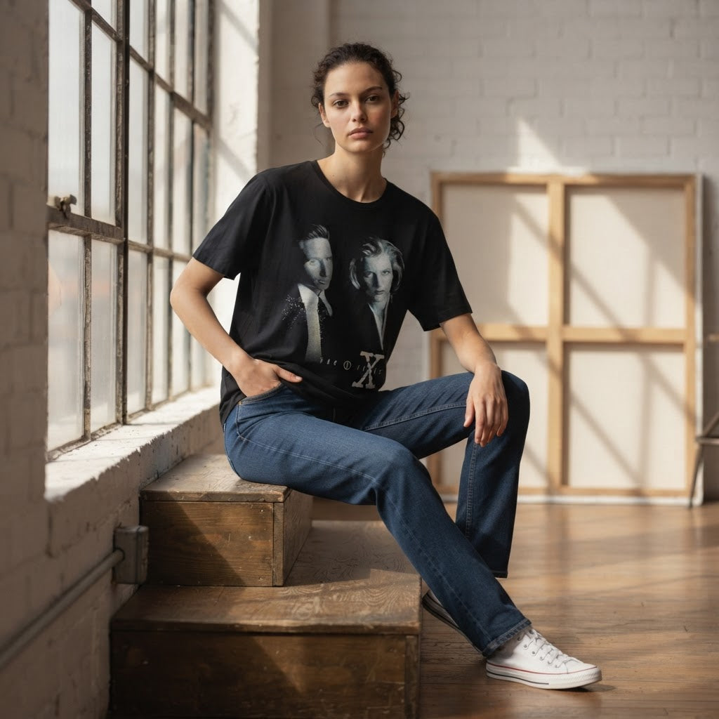 The X-Files Black Oversized Graphic Tee with Monochrome TV P