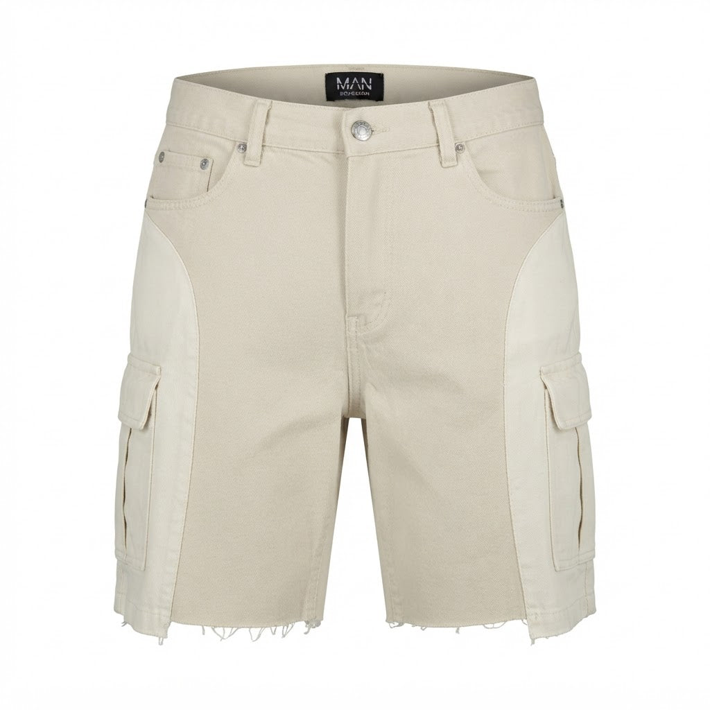 [WearU Generated:merch_ghost] BoohooMAN Ecru Cotton Denim Wide-Leg Cargo Shorts – ghost front view