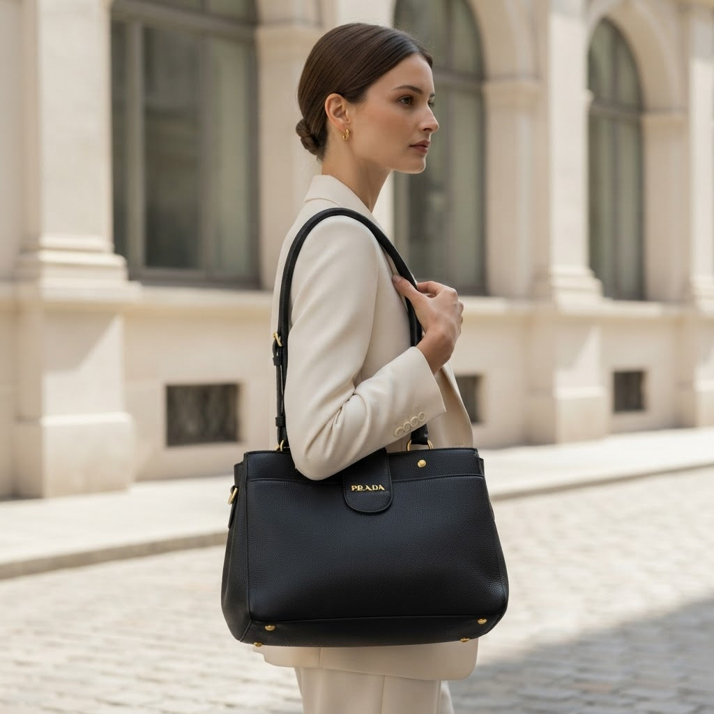 PRADA PRADA Black Grained Leather Top-Handle Tote