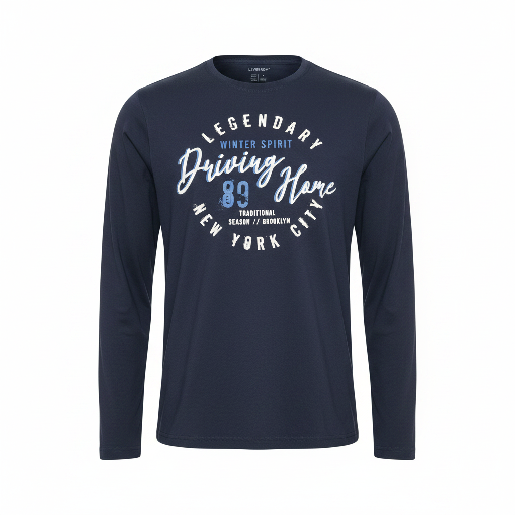 Livergy Men's Navy Long Sleeve Graphic T-Shirt - Size L
