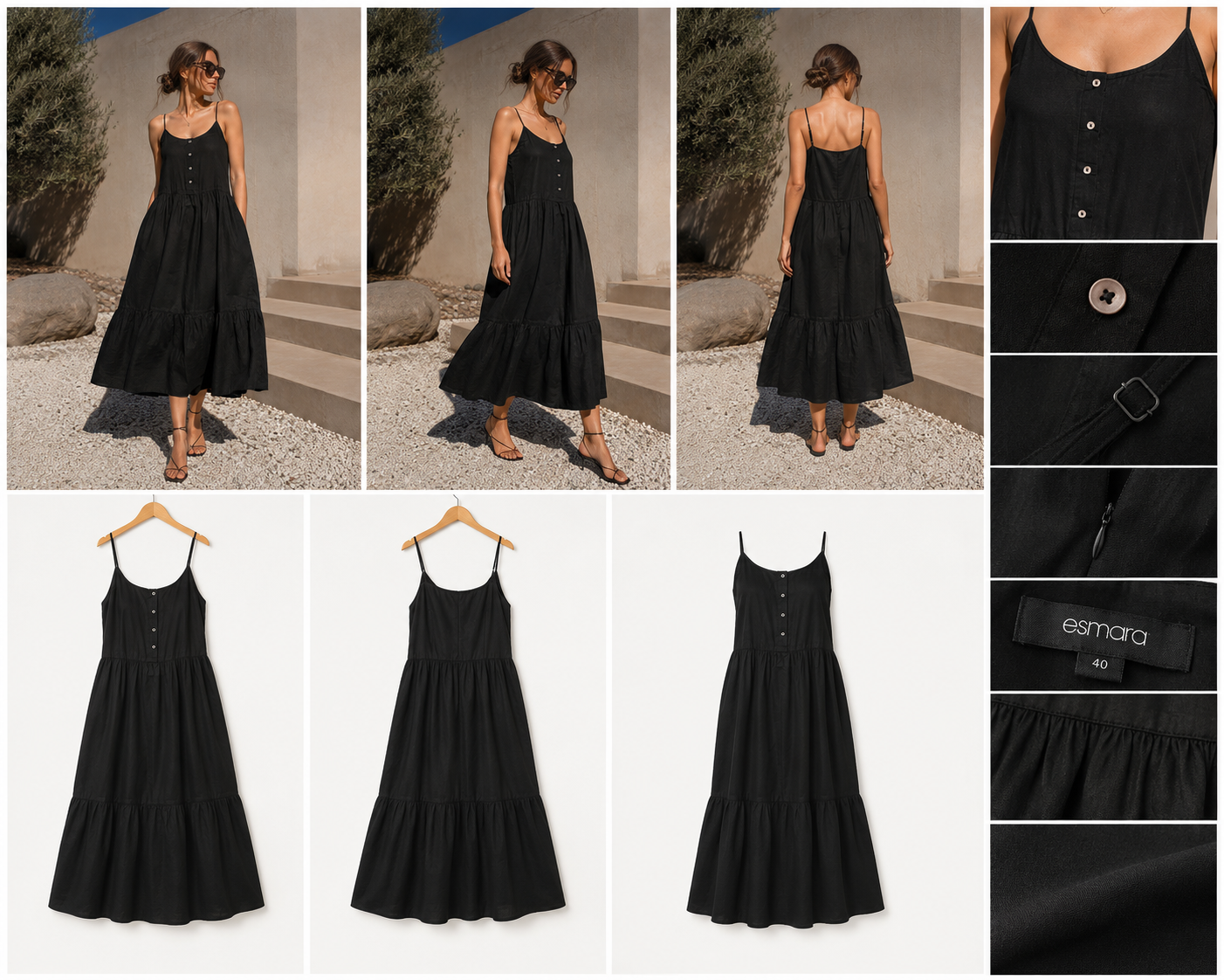 Esmara Black Tiered Lyocell Camisole Midi Dress UK 12