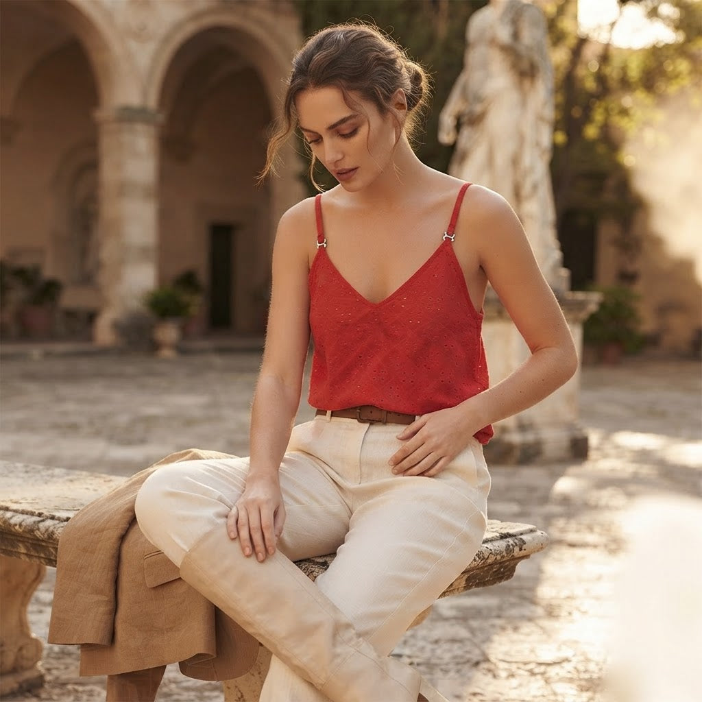 SHEIN Red SHEIN Broderie Anglaise V-Neck Spaghetti Strap Cam