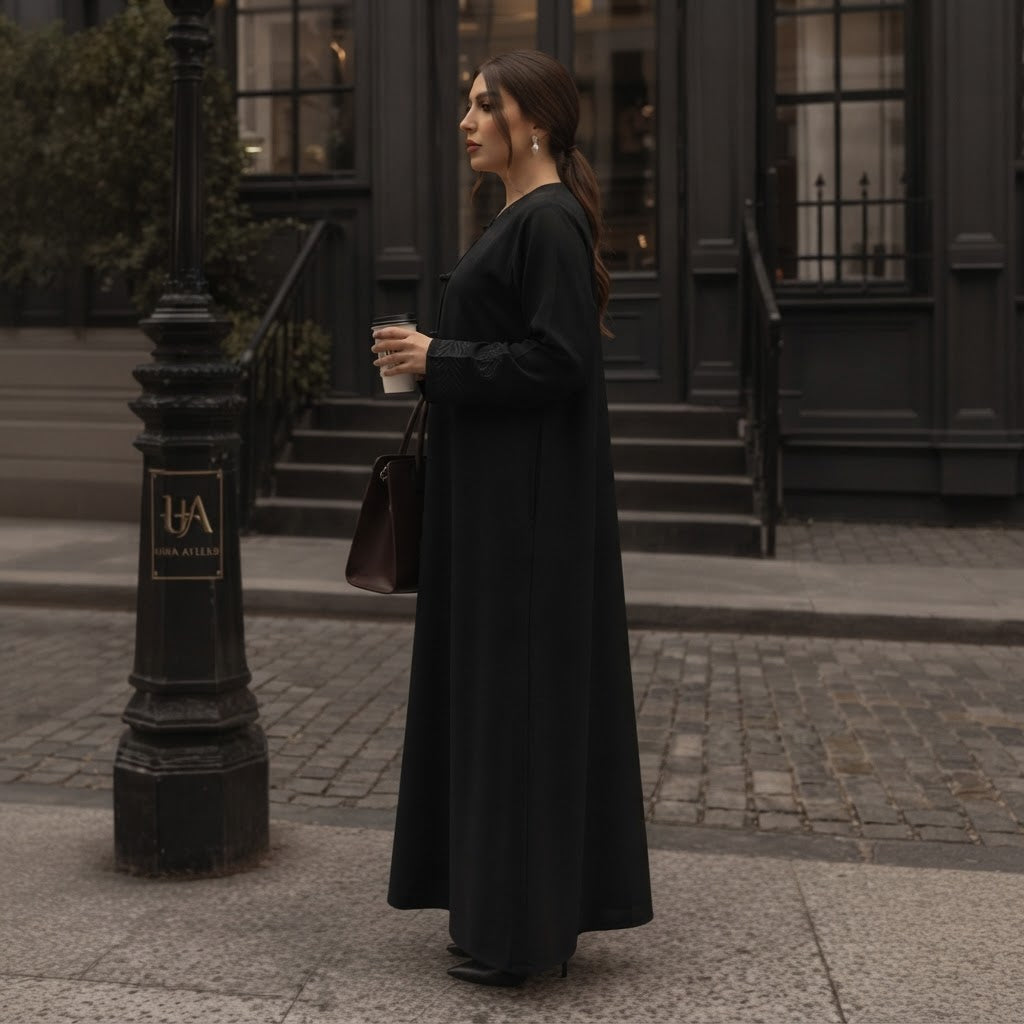 represent Black Embroidered Abaya with Tonal Frog-Knot Closu