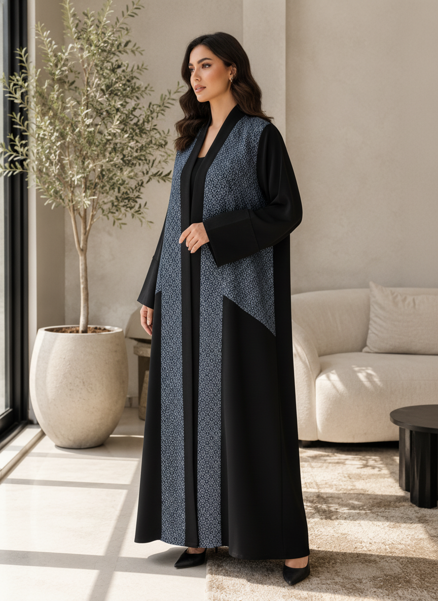 Black Open-Front Bisht Robe with Blue Jacquard Panels