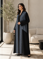 Black Open-Front Bisht Robe with Blue Jacquard Panels