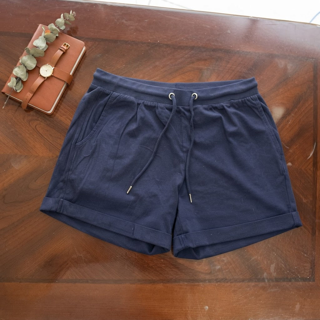 Navy Blue Cotton Drawstring Lounge Shorts