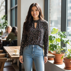 Bershka BSK Girl Black Floral Ruffle Neck Long Sleeve Top