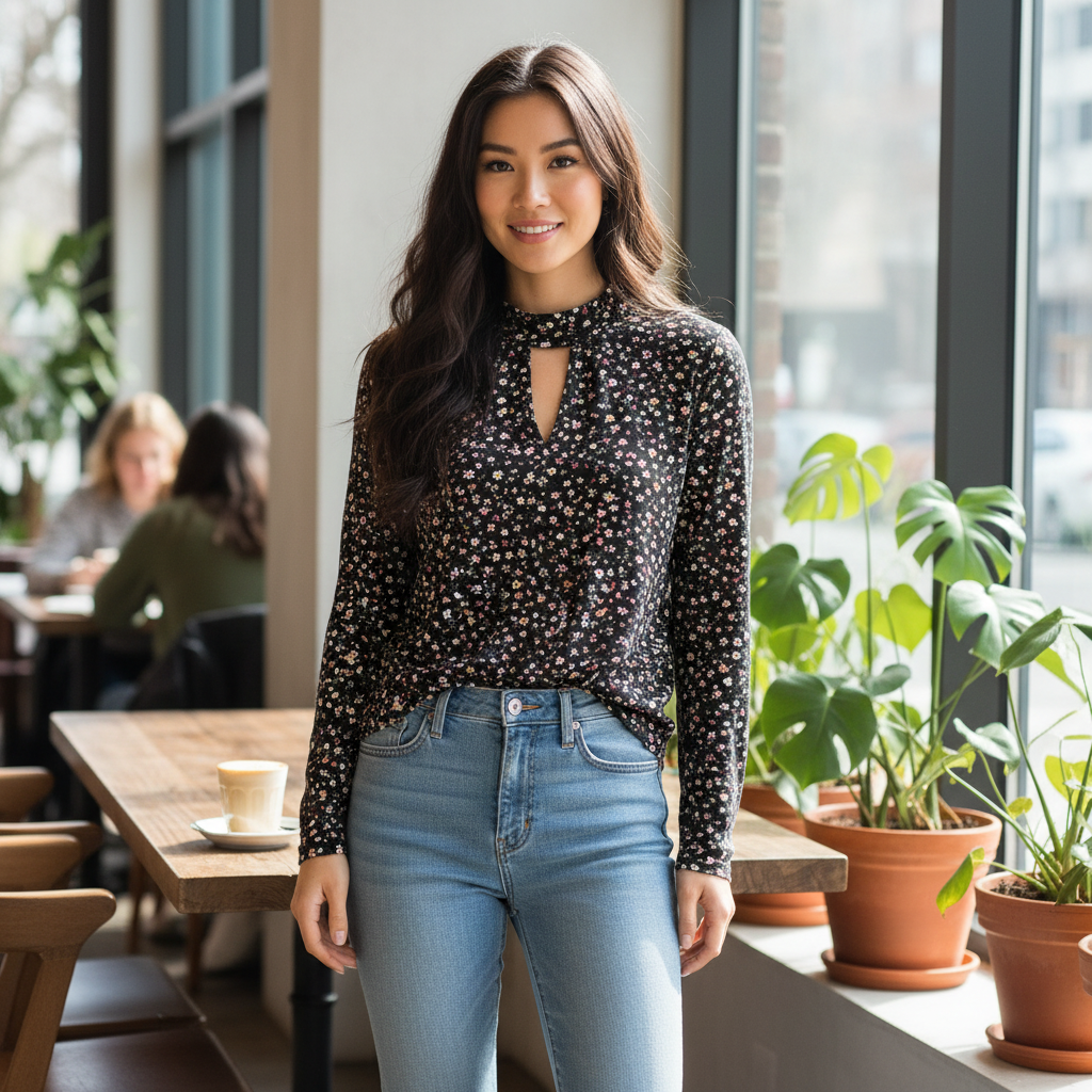 Bershka BSK Girl Black Floral Ruffle Neck Long Sleeve Top