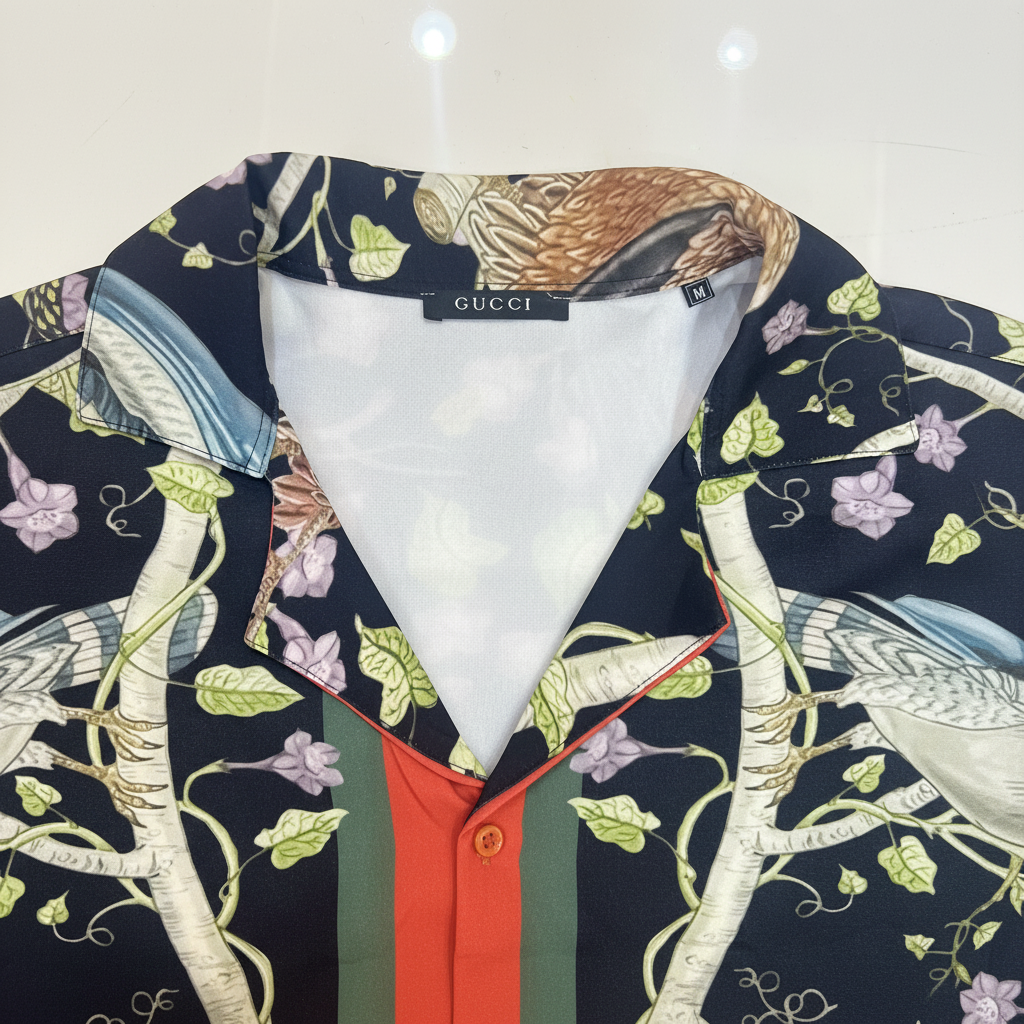 GUCCI Men's Black Bird & Floral Print Camp Collar Shirt