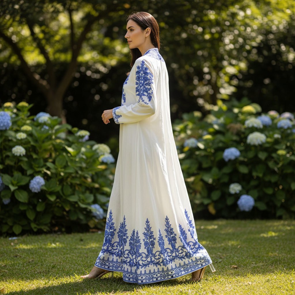 SHEIN Women's White and Blue Patterned Maxi Kimono Robe