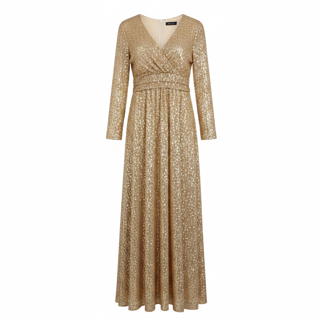Gold Sequin V-Neck Long Sleeve Maxi Dress - Juli Collection