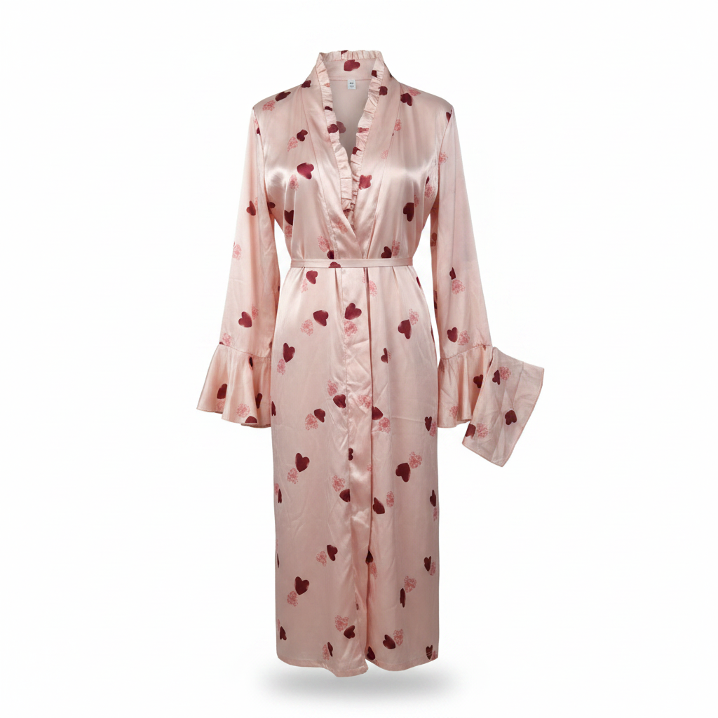 Pink Heart Print Satin Ruffle Trim Robe