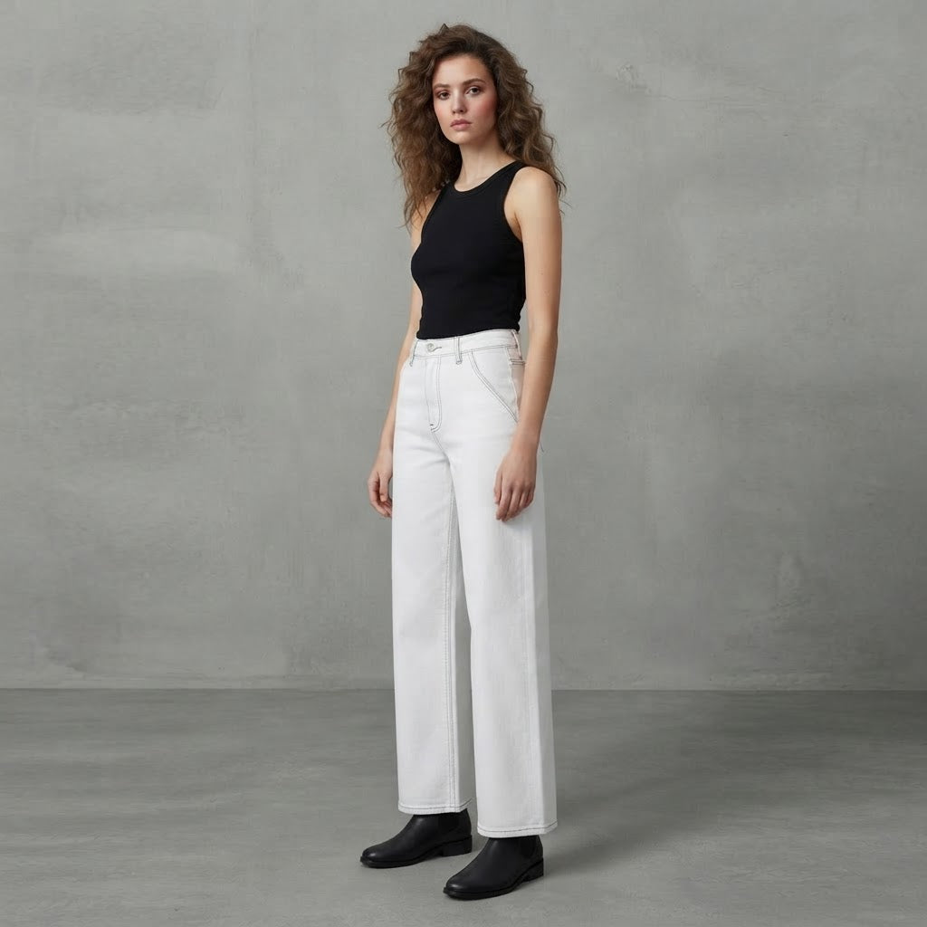 Conbipel White Wide Leg Stretch Jeans with Contrast Stitchin
