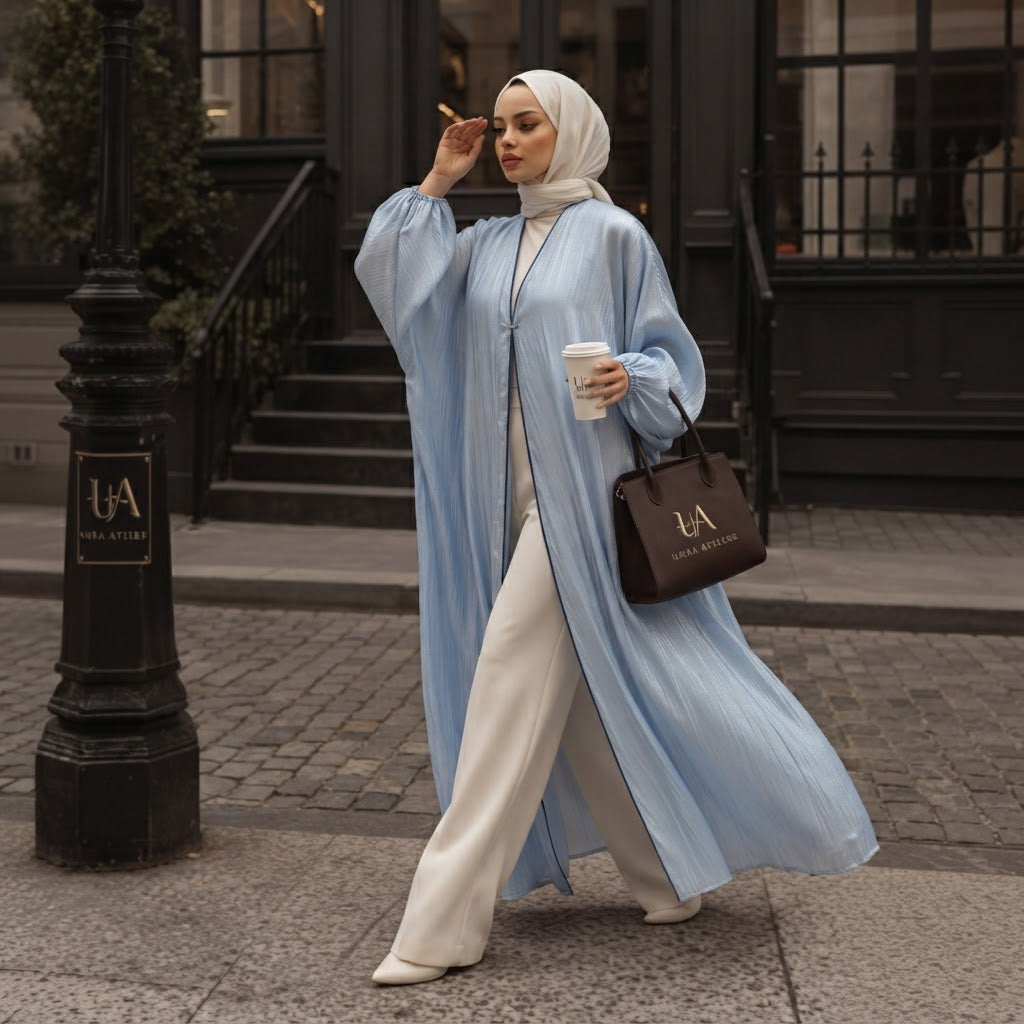 Powder Blue Crinkle Organza Floor-Length Abaya Dress