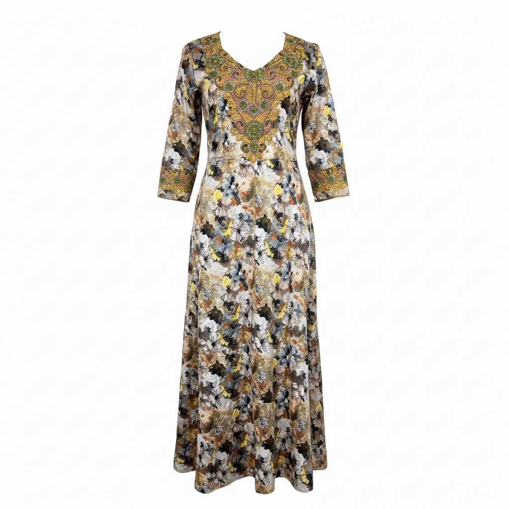 Women's Floral Long Sleeve Maxi Dress with Beaded Neckline