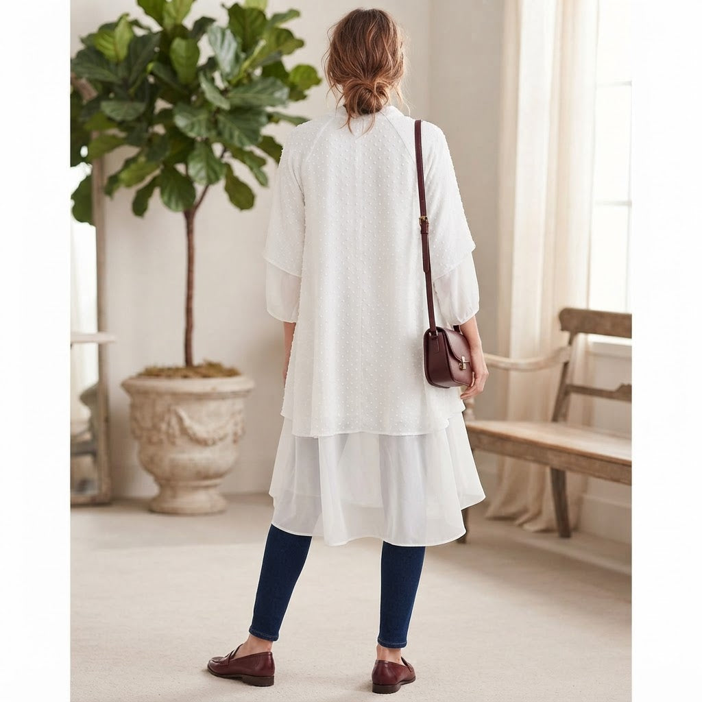 Women's White Swiss Dot Tiered Long Kimono