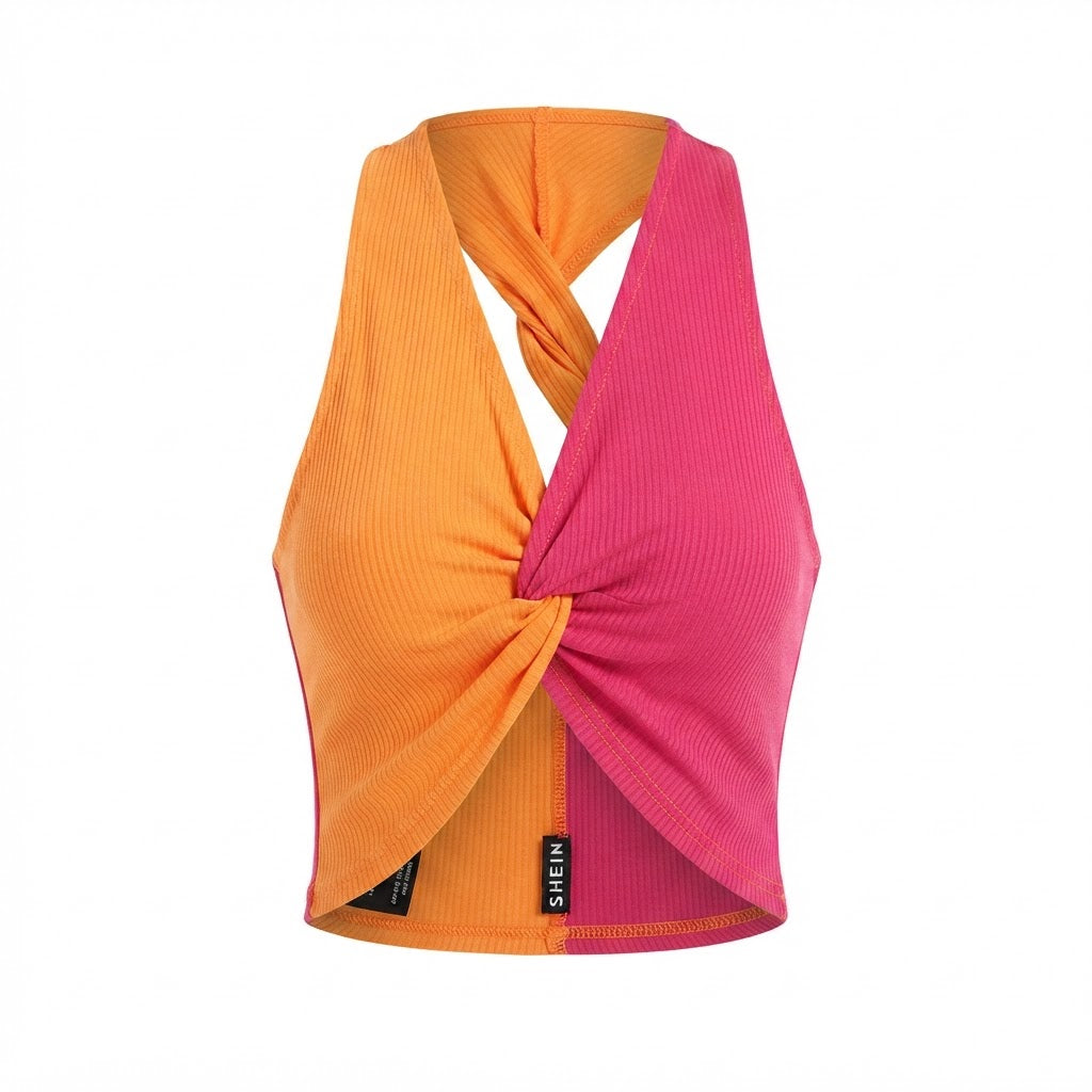 SHEIN Orange and Pink Twist-Front Color-Block Crop Top