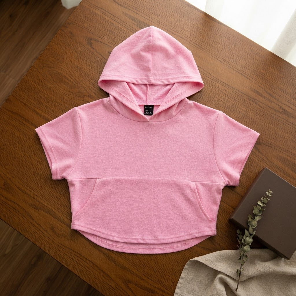 SHEIN SHEIN Bubblegum Pink Cropped Hooded Top with Kangaroo