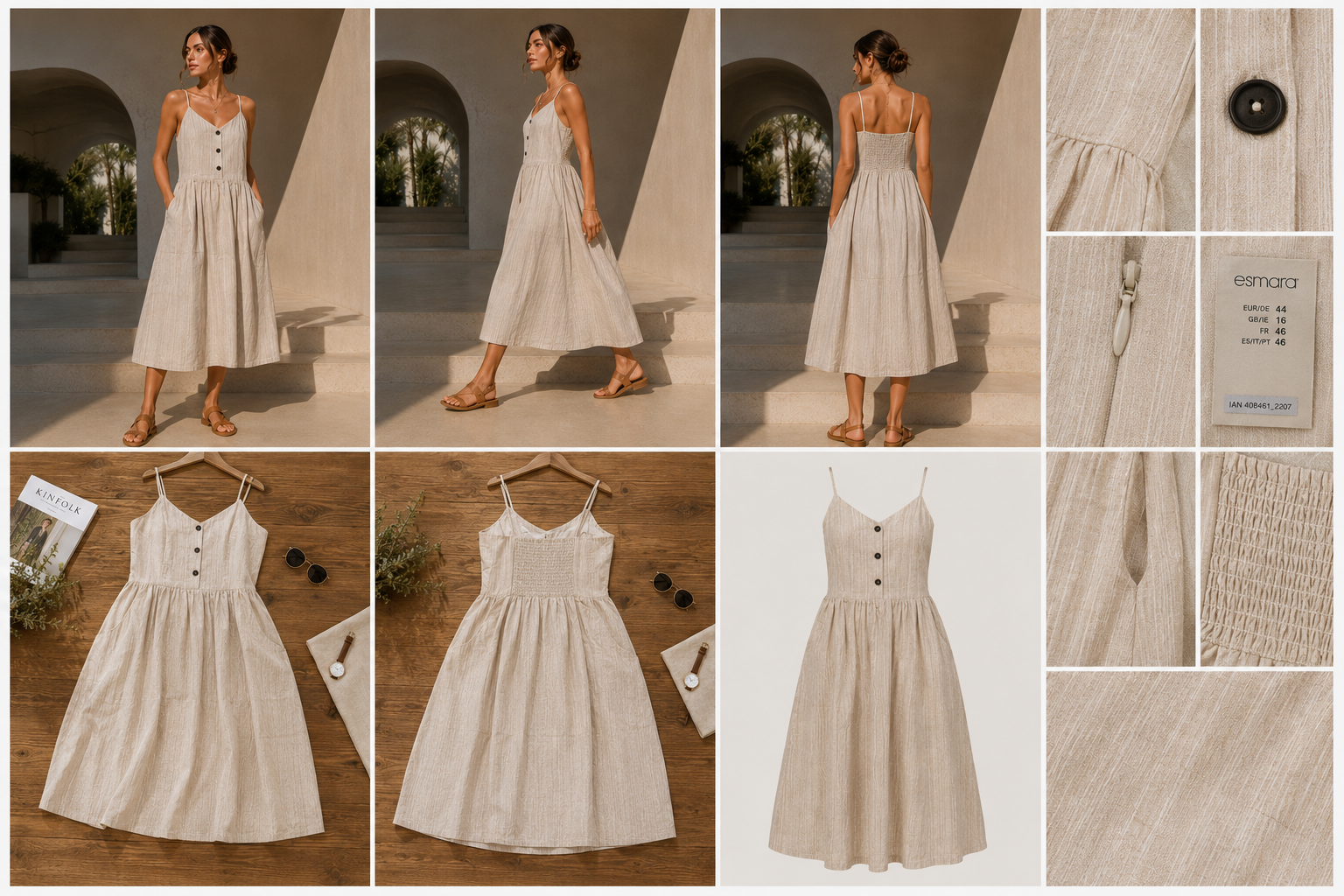 Women's Beige Linen Blend Button-Down Midi Dress