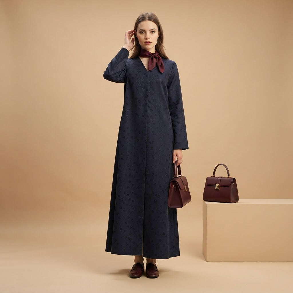 Women's Navy Floral Jacquard V-Neck Floor-Length Abaya