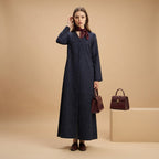 Women's Navy Floral Jacquard V-Neck Floor-Length Abaya