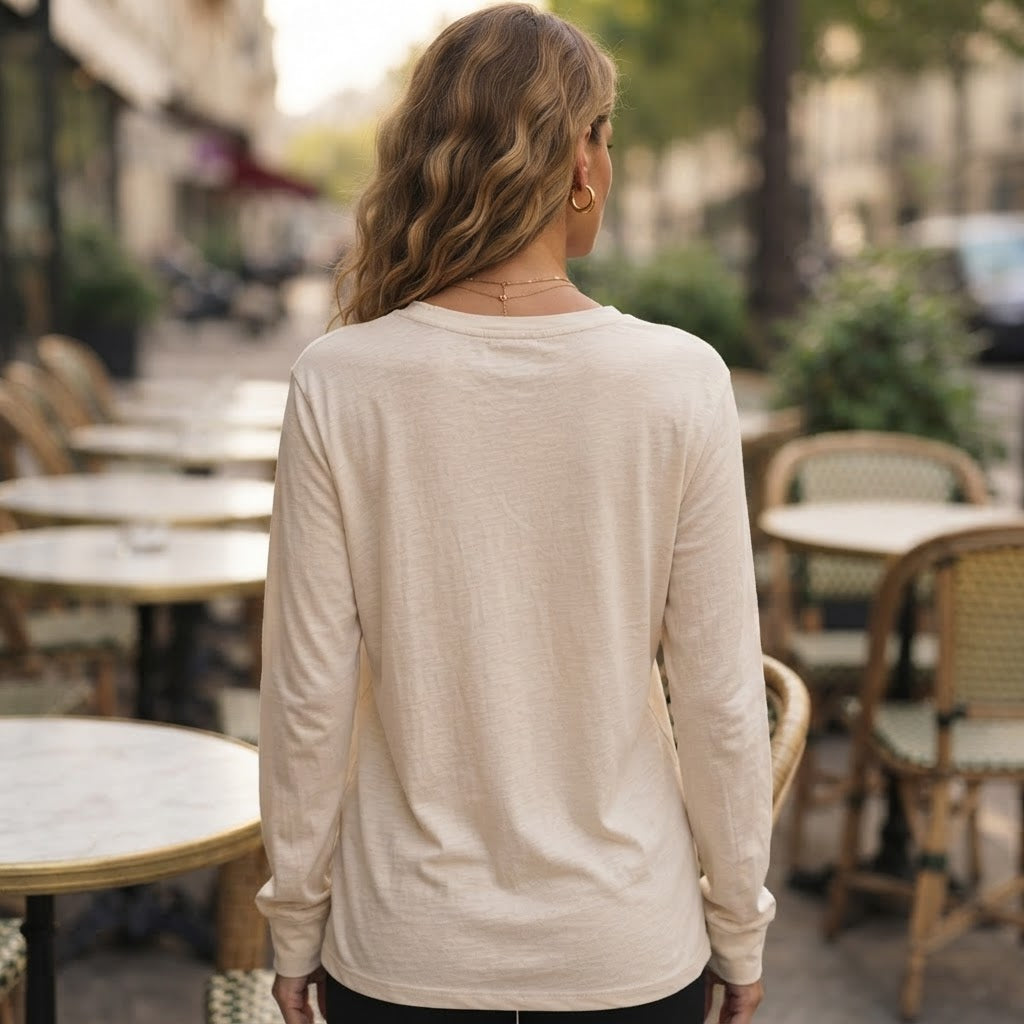 Emery Rose Oatmeal Relaxed Long-Sleeve T-Shirt with Chest Po