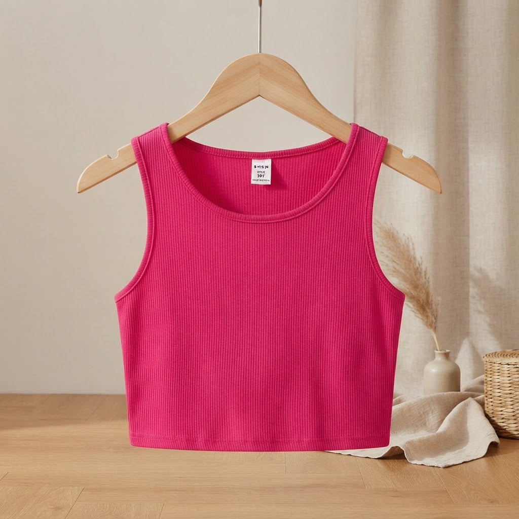 SHEIN Hot Pink Ribbed Sleeveless Crop Top for Girls