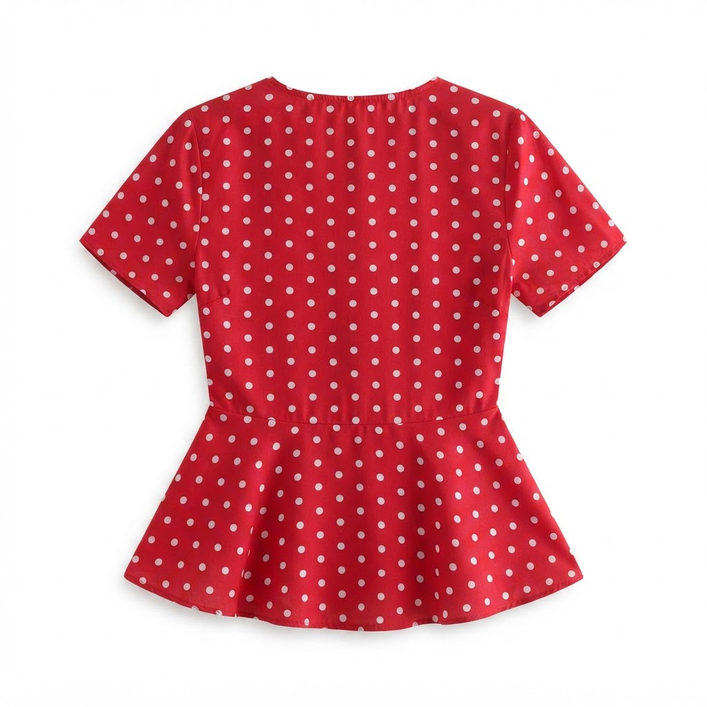 Women's Red Polka Dot Wrap Peplum Blouse