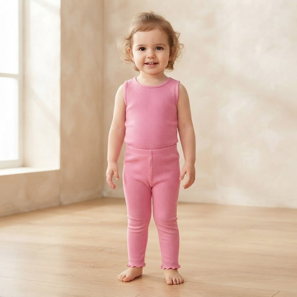 SHEIN Pink Ribbed Lettuce Hem Leggings - SHEIN 12-18M