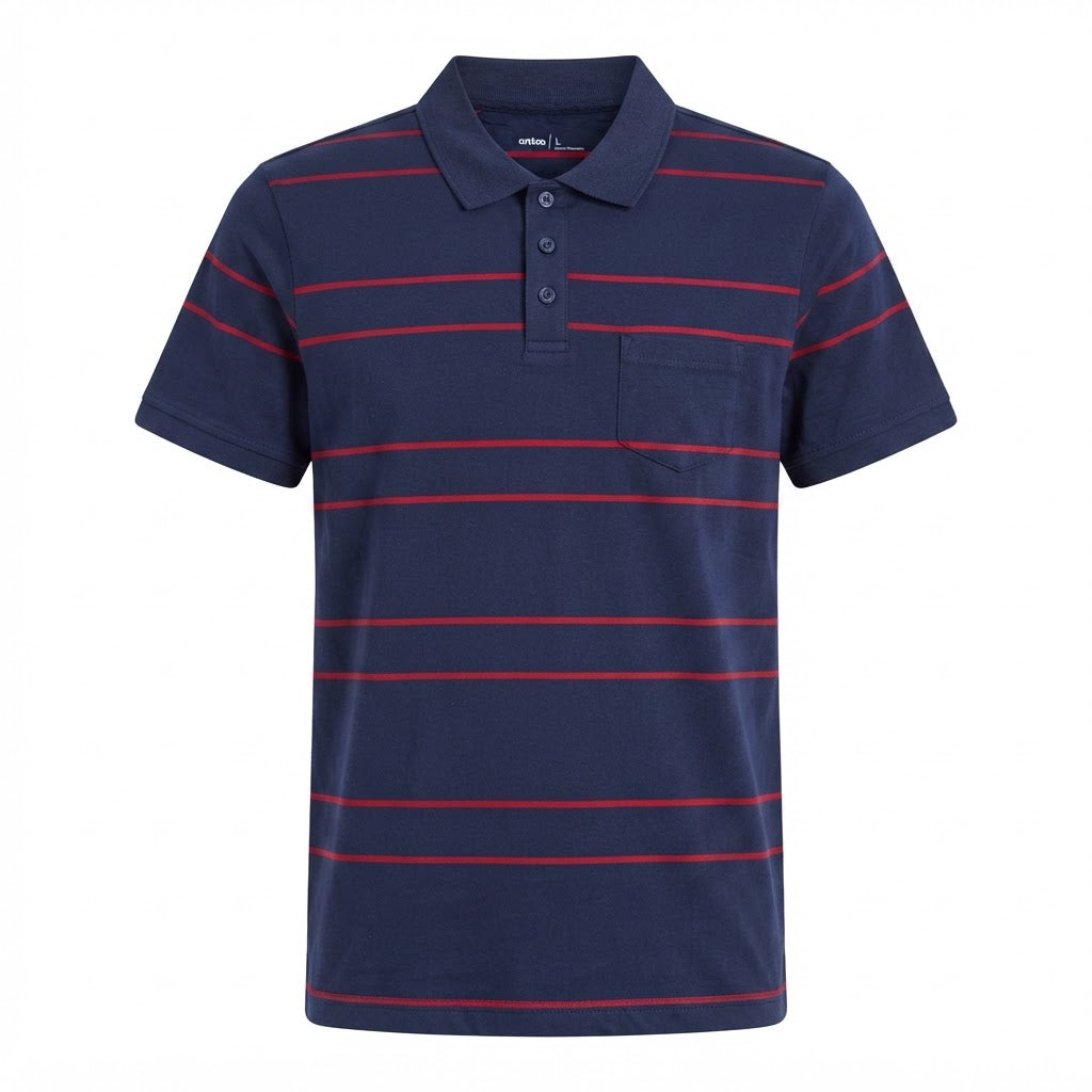 ANKO Navy Blue and Red Striped Men's Polo Shirt with Pocket