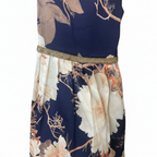 REFAN Women's Navy Blue Floral Long Kimono with Gold Trim