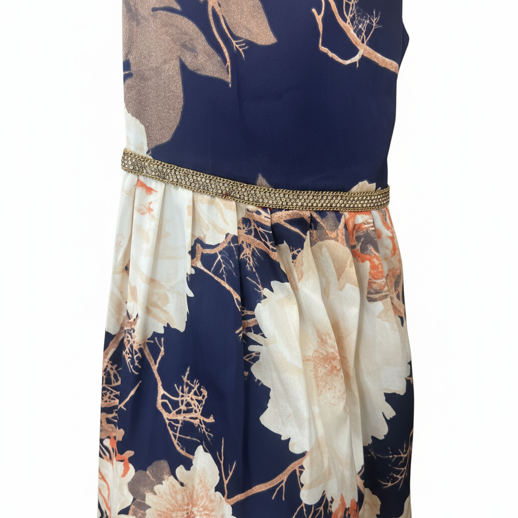 REFAN Women's Navy Blue Floral Long Kimono with Gold Trim
